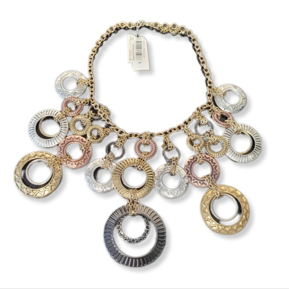 Tri Color Gold Necklace Large Circular Rings Statement Piece Fashion Jew…